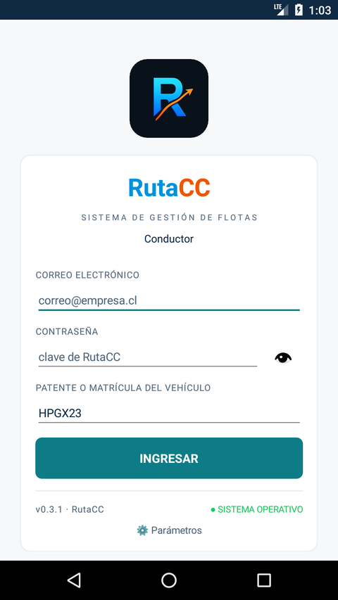 Pantalla de ingreso de la app RutaCC Conductor