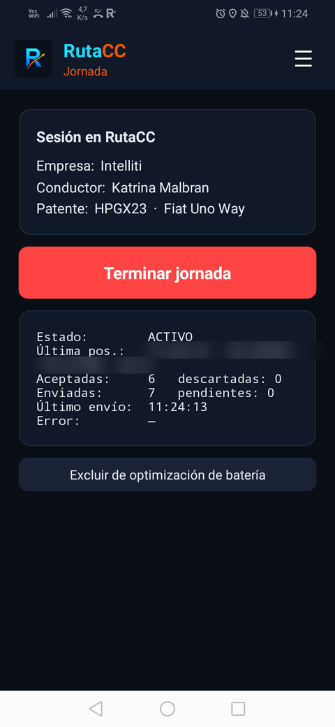 Pantalla Jornada con la jornada activa